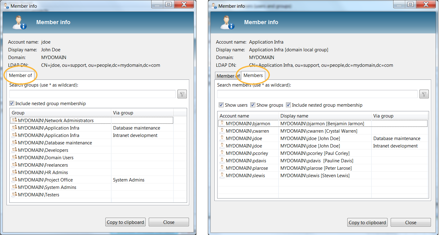 Dialog to view membership information from the Active Directory