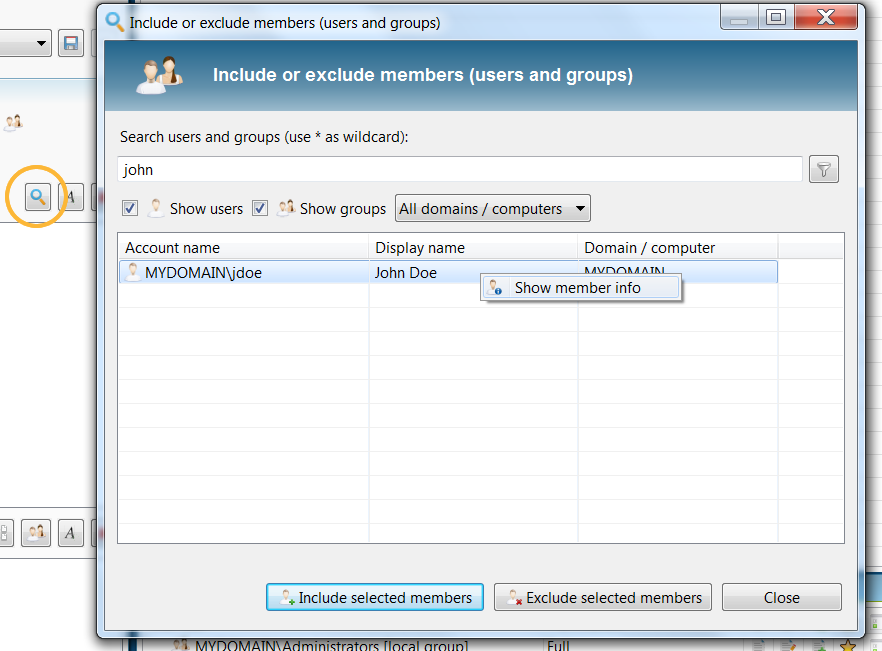 Dialog to search a user or group from the Active Directory